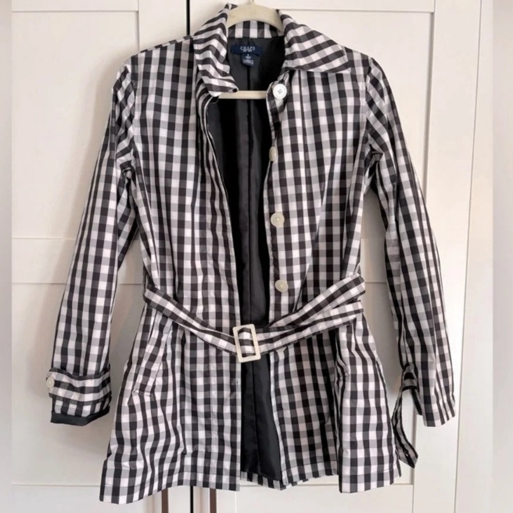 CHAPS | Gingham Blue & White Belted Lightweight Long Raincoat